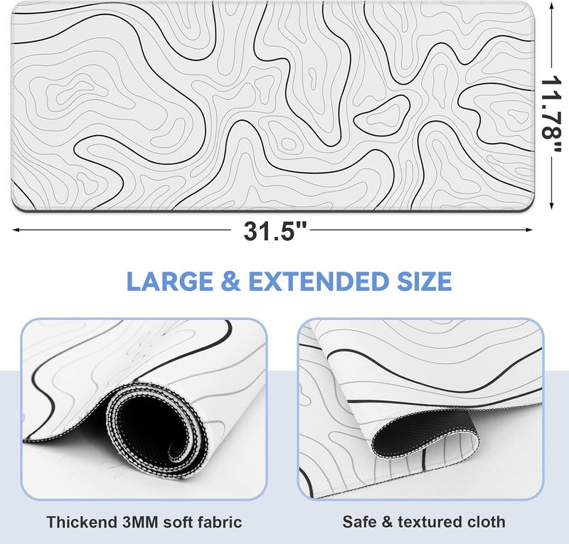 DIGSOM Mouse Pad Gaming Mousepad 31.5 x 11.8 in Large Mouse Pad for Keyboard and Mouse with Anti-Slip Rubber Base, Keyboard Pad XL Mouse Mat for Home and Office(White with Black Topographic Line) - Image 2
